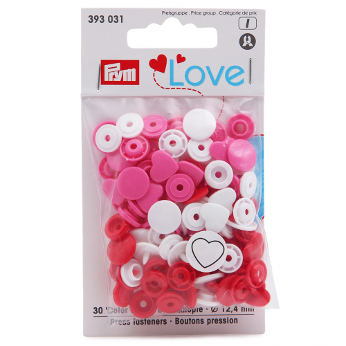 393031 Kнопки Prym Color Snaps 'Сердце' 12,4 мм красный/белый/розовый 30 шт, Love Prym
