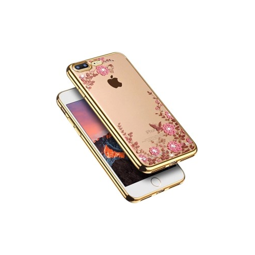 Epik Прозрачный чехол со стразами для Apple iPhone 7 plus / 8 plus (5.5") с глянцевым бампером (Золотой / Розовые цветы)