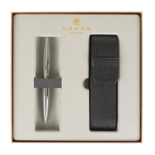 Cross AT0112-1/287 Подарочный набор: шариковая ручка Calais, Lustrous Chrome СТ + чехол на две ручки Black