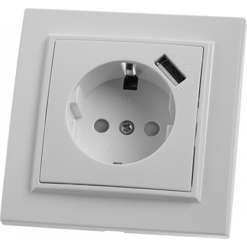 Розетка 1-местная с/з с защитной шторкой и с USB, серия Эрна, PST16-9011-01, белый, цена за 1 шт