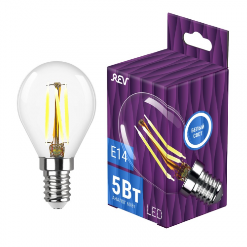 32358 7 Лампа filament, шар, G45, белый свет, 5Вт, E14, 4000K, 545Лм, 32358 7, REV, цена за 1 шт
