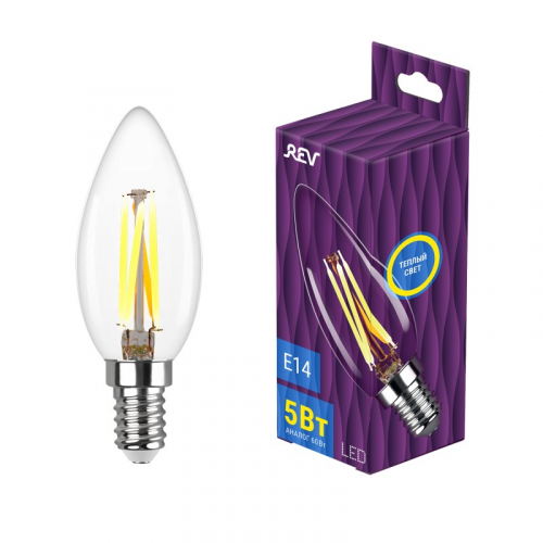 32359 4 Лампа filament, свеча, С37, теплый свет, 5Вт, E14, 2700K, 515Лм, 32359 4, REV, цена за 1 шт