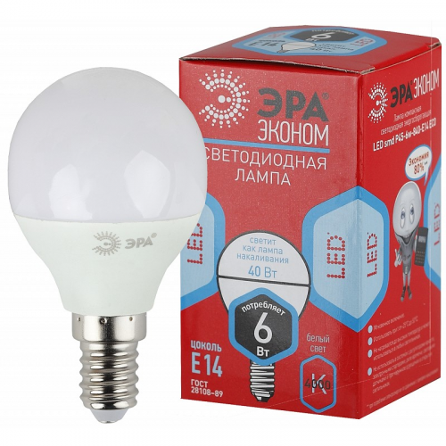 ECO LED P45-6W-840-E14 Лампочка светодиодная ЭРА RED LINE ECO LED P45-6W-840-E14 Е14 / E14 6Вт шар нейтральный белый свет, цена за 1 шт