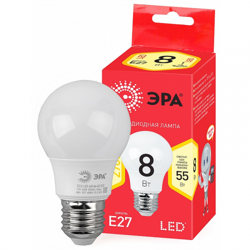 ECO LED A55-8W-827-E27 Лампочка светодиодная ЭРА RED LINE ECO LED A55-8W-827-E27 E27 / Е27 8Вт груша теплый белый свет, цена за 1 шт