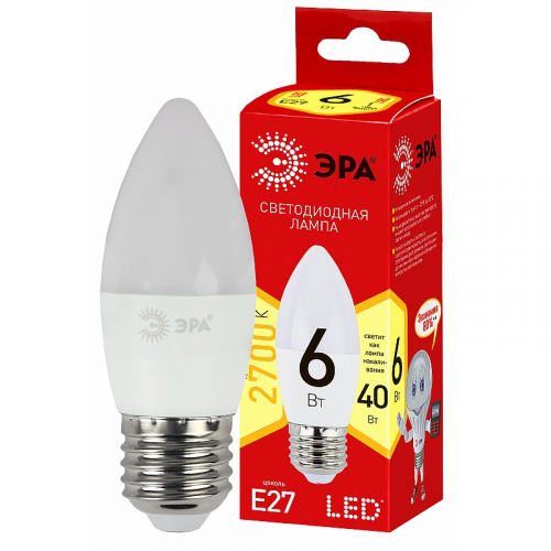 ECO LED B35-6W-827-E27 Лампочка светодиодная ЭРА RED LINE ECO LED B35-6W-827-E27 E27 / Е27 6Вт свеча теплый белый свет, цена за 1 шт