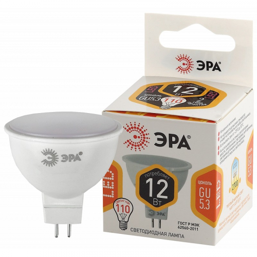 LED MR16-12W-827-GU5.3 Лампочка светодиодная ЭРА STD LED MR16-12W-827-GU5.3 GU5.3 12Вт софит теплый белый свет, цена за 1 шт
