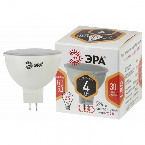 LED MR16-4W-827-GU5.3 Лампочка светодиодная ЭРА STD LED MR16-4W-827-GU5.3 GU5.3 4Вт софит теплый белый свeт, цена за 1 шт