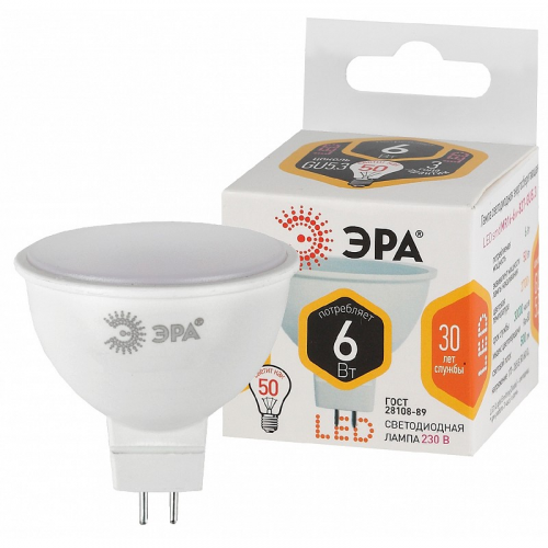 LED MR16-6W-827-GU5.3 Лампочка светодиодная ЭРА STD LED MR16-6W-827-GU5.3 GU5.3 6Вт софит теплый белый свет (размер кор.), цена за 1 шт