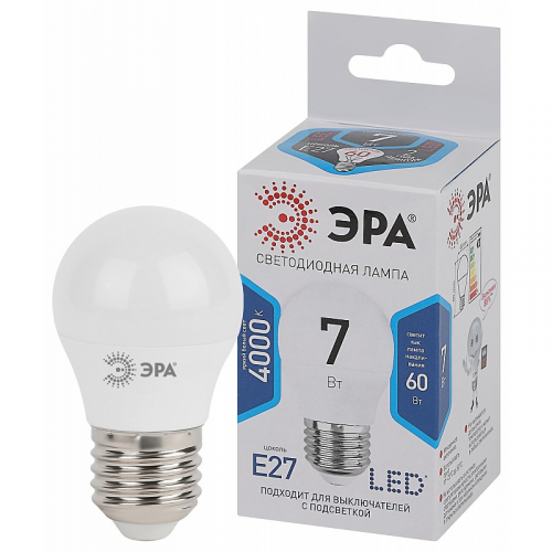 LED P45-7W-840-E27 Лампочка светодиодная ЭРА STD LED P45-7W-840-E27 E27 / Е27 7Вт шар нейтральный белый свет, цена за 1 шт