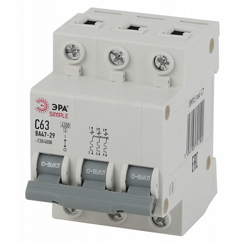 SIMPLE-mod-27 Автоматический выключатель ЭРА SIMPLE SIMPLE-mod-27 3P 63А (C) 4,5кА ВА 47-29, цена за 1 шт