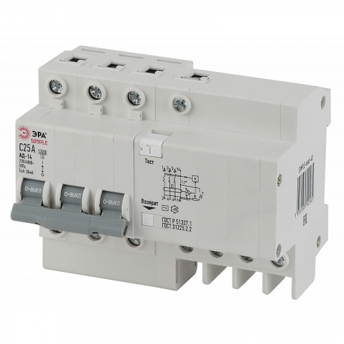 SIMPLE-mod-37 Автоматический выключатель дифференциального тока ЭРА SIMPLE SIMPLE-mod-37 3P+N 25А 30мА тип АС х-ка, цена за 1 шт