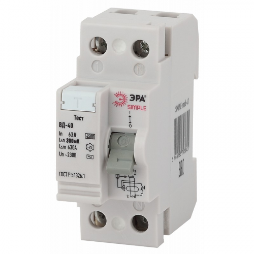 SIMPLE-mod-52 УЗО ЭРА SIMPLE SIMPLE-mod-52 ВД-40 2P 63А/300мА, цена за 1 шт