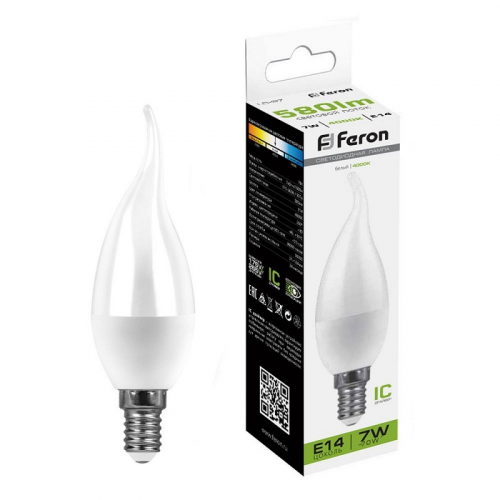 Лампа светодиодная, (7W) 230V E14 4000K на ветру C37T, LB-97, цена за 1 шт