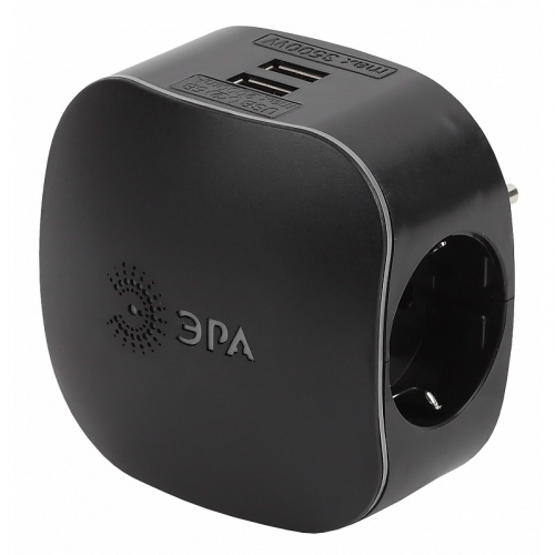 SP-3e-USB-BLACK Разветвитель электрический ЭРА SP-3e-USB-BLACK на 3 розетки + 2 USB с заземлением со шторками 16А черный, цена за 1 шт
