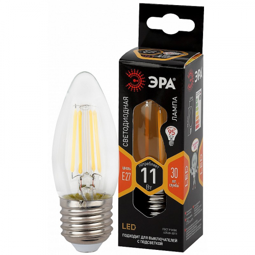 F-LED B35-11w-827-E27 Лампочка светодиодная ЭРА F-LED B35-11W-827-E27 Е27 / Е27 11Вт филамент свеча теплый белый свет, цена за 1 шт