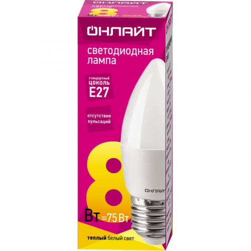 Светодиодная лампа свеча ОНЛАЙТ 71 634 OLL-C37-8-230-2.7K-E27-FR, цена за 1 шт