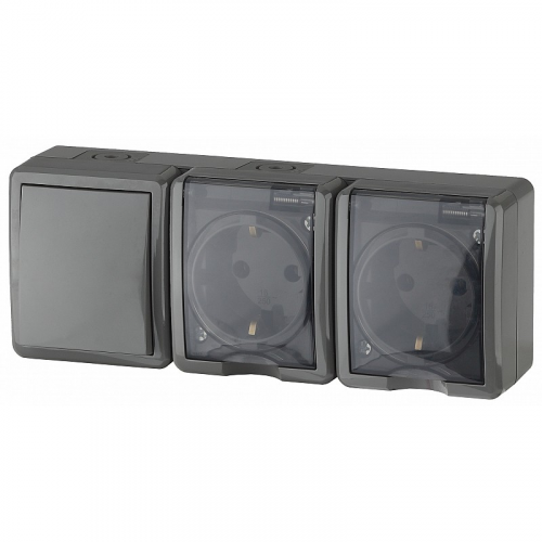 11-7403-03 11-7403-03 ЭРА Блок две розетки+выключатель IP54, 16A(10AX)-250В, ОУ, Эра Эксперт, серый, цена за 1 шт
