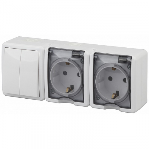 11-7404-01 11-7404-01 ЭРА Блок две розетки+выключатель двойной IP54, 16A(10AX)-250В, ОУ, Эра Эксперт, белый (5/, цена за 1 шт