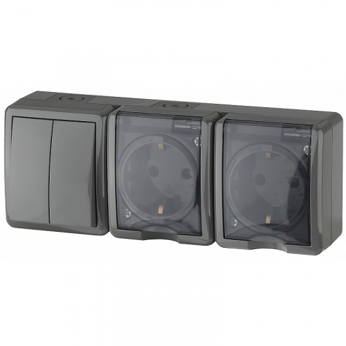 11-7404-03 11-7404-03 ЭРА Блок две розетки+выключатель двойной IP54, 16A(10AX)-250В, ОУ, Эра Эксперт, серый (5/, цена за 1 шт