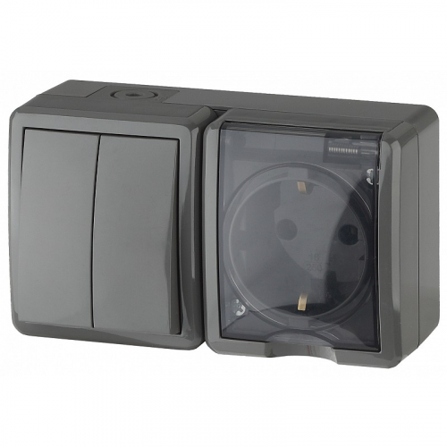11-7402-03 11-7402-03 ЭРА Блок розетка+выключатель двойной IP54, 16A(10AX)-250В, ОУ, Эра Эксперт, серый, цена за 1 шт