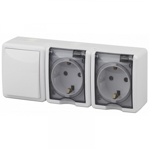 11-7403-01 11-7403-01 ЭРА Блок две розетки+выключатель IP54, 16A(10AX)-250В, ОУ, Эра Эксперт, белый, цена за 1 шт
