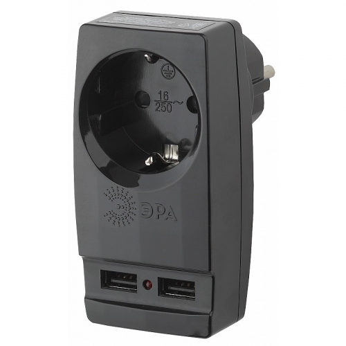 SP-1e-USB-B Разветвитель электрический ЭРА SP-1e-USB-B на 1 розетку + 2 USB с заземлением 16А черный, цена за 1 шт