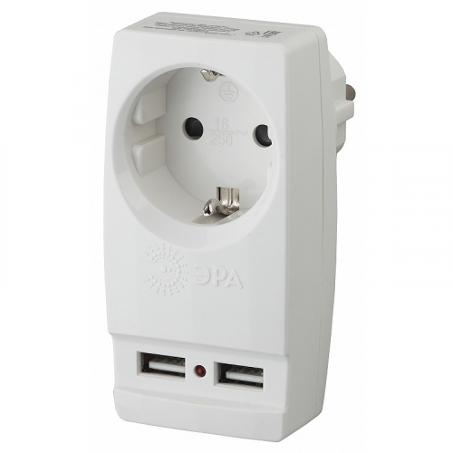 SP-1e-USB-W Разветвитель электрический ЭРА SP-1e-USB-W на 1 розетку + 2 USB с заземлением 16А белый, цена за 1 шт