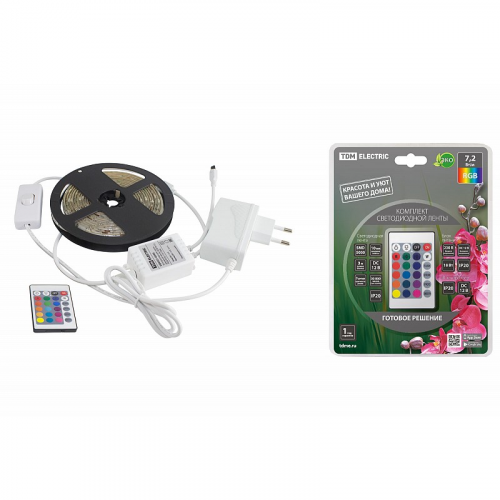 Комплект светодиодной ленты SMD5050-30 LED/м-12 В-7,2 Вт/м-IP20-RGB (3 м), 18 Вт, IR-контроллер TDM, цена за 1 шт