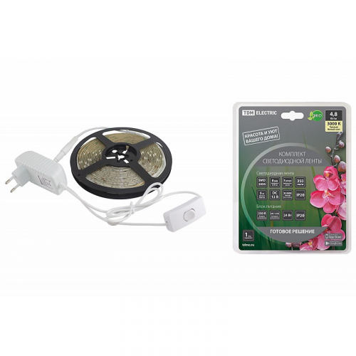 Комплект светодиодной ленты SMD2835-60 LED/м-12 В-4,8 Вт/м-IP20-3000 К (5 м), 24 Вт TDM, цена за 1 шт