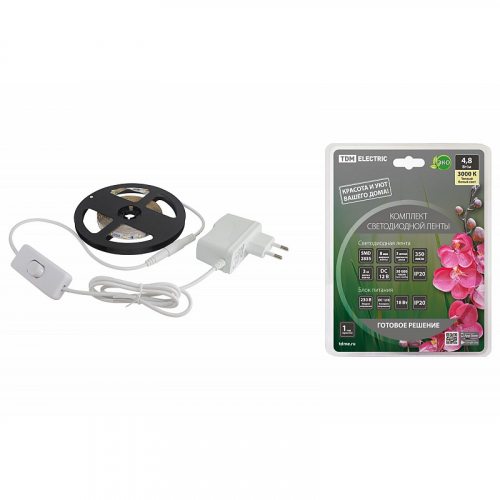 Комплект светодиодной ленты SMD2835-60 LED/м-12 В-4,8 Вт/м-IP20-3000 К (3 м), 18 Вт TDM, цена за 1 шт
