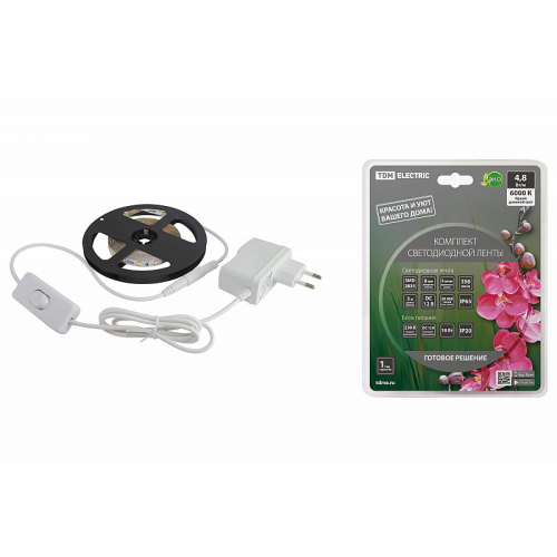 Комплект светодиодной ленты SMD2835-60 LED/м-12 В-4,8 Вт/м-IP65-6000 К (3 м), 18 Вт TDM, цена за 1 шт
