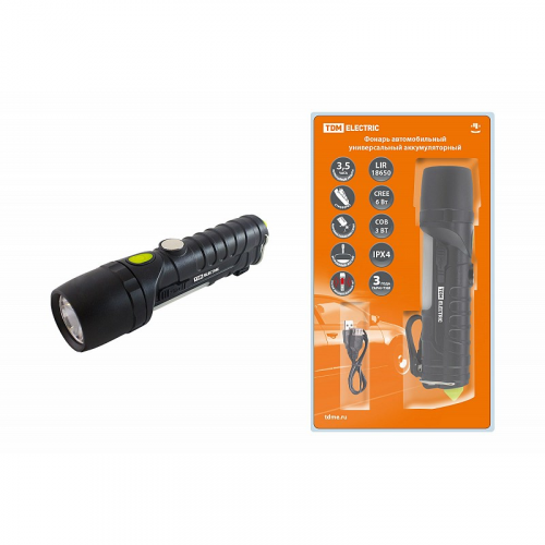 Фонарь автомоб. универс., 6 Вт CREE+3 Вт COB,1x18650 2200 мА*ч, магн., подвес, USB, стропорез,TDM, цена за 1 шт