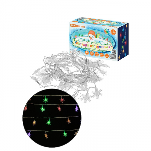 Гирлянда светодиодная Снежинки 50LED, 5м, 8 режимов, многоцвет., прозр. шнур, 250 В, TDM, цена за 1 шт