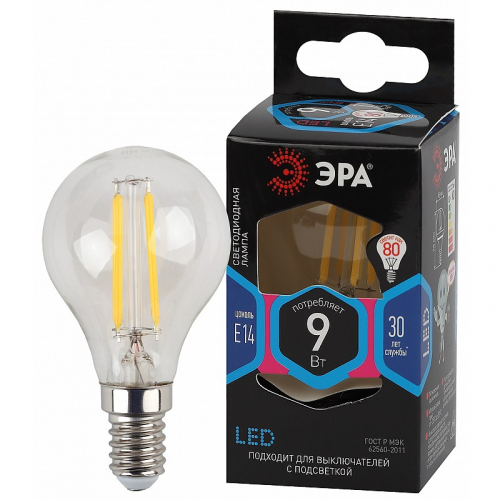 F-LED P45-9w-840-E14 Лампочка светодиодная ЭРА F-LED P45-9W-840-E14 E14 / Е14 9Вт филамент шар нейтральный белый свет, цена за 1 шт