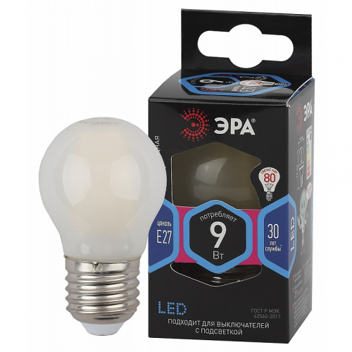 F-LED P45-9w-840-E27 frost Лампочка светодиодная ЭРА F-LED P45-9w-840-E27 frost E27 / Е27 9Вт филамент шар матовый нейтральный белый свет, цена за 1 шт
