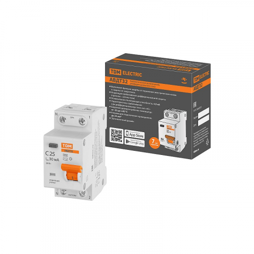 АВДТ 32 2P(1P+N) C25 30мА 4,5кА тип АС - Автоматический Выключатель Дифференциального тока TDM, цена за 1 шт