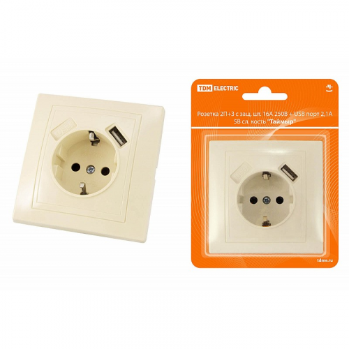 Розетка 2П+З с защ. шт. 16А 250В + USB порт 2,1А 5В сл. кость Таймыр TDM, цена за 1 шт
