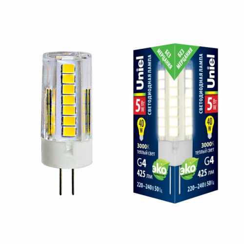 Лампы светодиодные Uniel LED-JC-220/5W/3000K/G4/CL GLZ09TR картон, цена за 1 шт