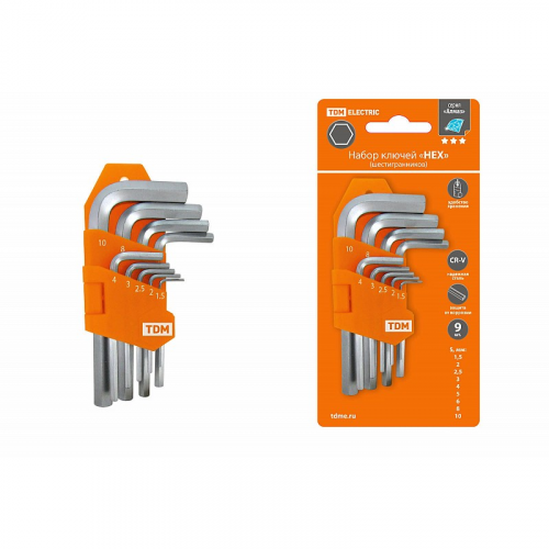 Набор ключей HEX 9 шт.: 1.5-10 мм, короткие, (держатель в блистере), CR-V сталь Алмаз TDM, цена за 1 шт