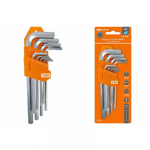Набор ключей HEX 9 шт.: 1.5-10 мм, длинные, (держатель в блистере), CR-V сталь Алмаз TDM, цена за 1 шт