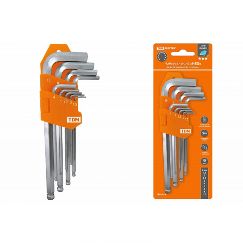 Набор ключей HEX 9 шт.: 1.5-10 мм, длинные с шаром, (держатель в блистере), CR-V сталь Алмаз TDM, цена за 1 шт