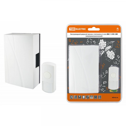 Звонок беспроводной в эл.сеть ЗБС-11/М1-ЭМ (эл.мех, кнопка IP44, AC 230V, многокодовый) TDM, цена за 1 шт