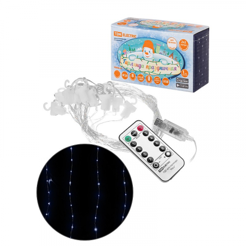 Гирлянда светодиодная Роса - занавес 2х2 м, 200LED, белый, ПДУ, USB, IP20, TDM, цена за 1 шт