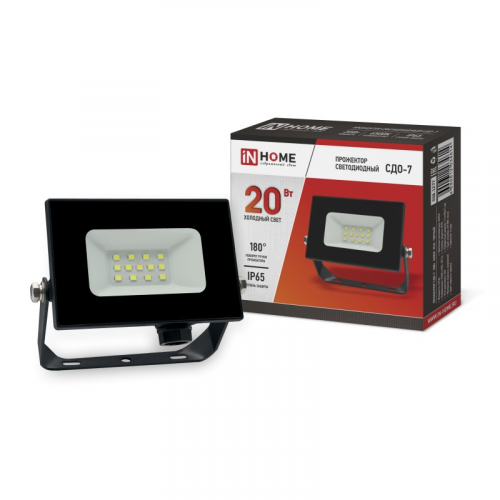 Прожектор светодиодный СДО-7 20Вт 230В 6500К IP65 черный IN HOME, цена за 1 шт