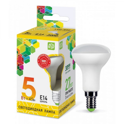 Лампа светодиодная LED-R50-standard 5Вт 230В Е14 3000К 450Лм ASD, цена за 1 шт