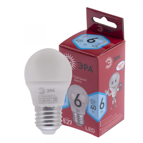 LED P45-6W-840-E27 R Лампочка светодиодная ЭРА RED LINE LED P45-6W-840-E27 R E27 / Е27 6Вт шар нейтральный белый свет, цена за 1 шт