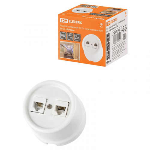 Розетка телефонная RJ11 + компьютерная RJ45 белая Болонь TDM, цена за 1 шт