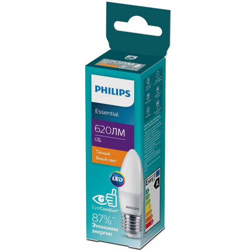 929002970607 Лампочка светодиодная Philips ESS LEDCandle B35 6Вт 2700K Е27 / E27 свеча матовая теплый белый свет, цена за 1 шт