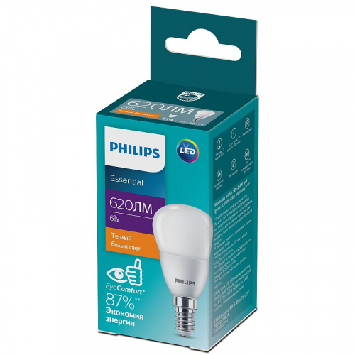 929002971407 Лампочка светодиодная Philips ESS LEDLustre P45 6Вт 2700K Е14 / E14 шар матовый теплый белый свет, цена за 1 шт