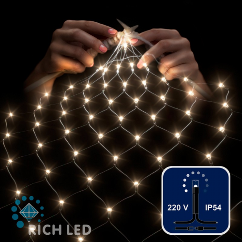 Светодиодная сетка Rich LED 2*2 м, теплая белая, 256 LED, 220 B, черный провод., цена за 1 шт